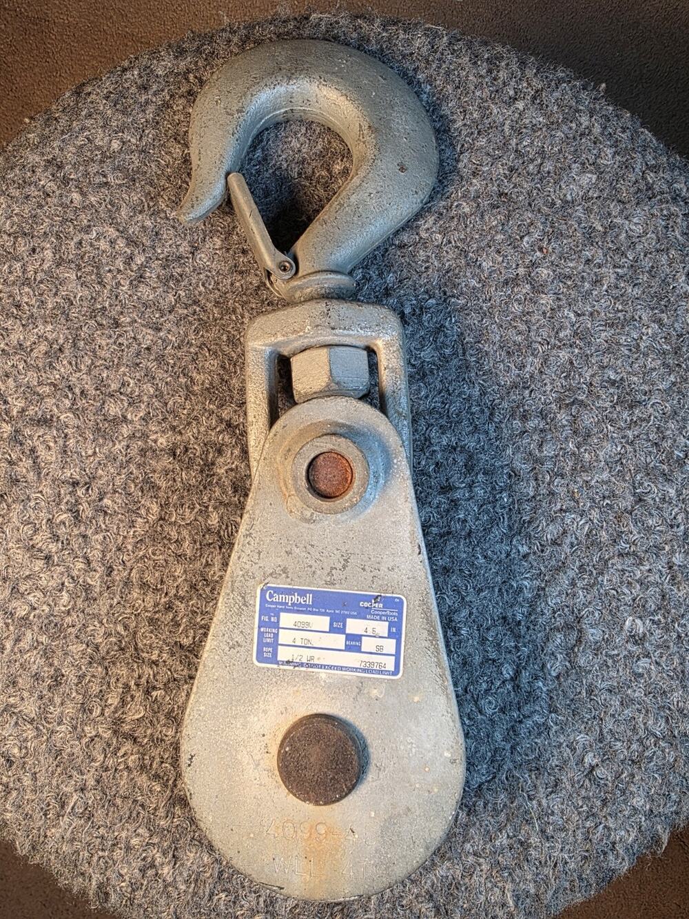 Campbell Cooper 4099V 4 Ton Snatch Block Swivel Hook 1/2" Wire Rope Made USA